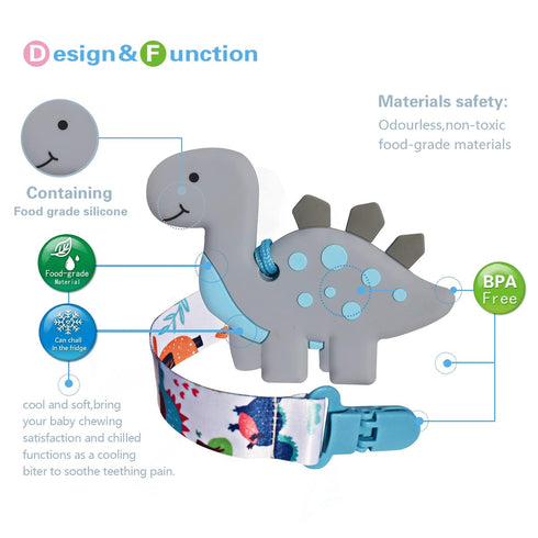 1 Soft Dinosaur Teether for Babies and 1 Baby Pacifier Clip, Silicone Chew Toys for Baby Girl Boy, Valentines Day Gifts