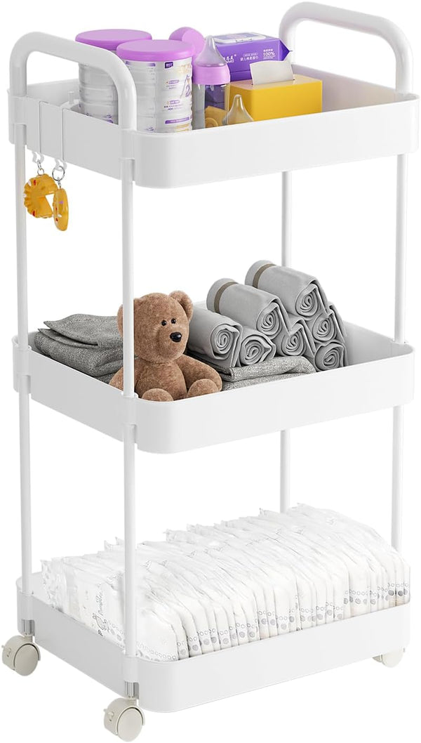 Volnamal Diaper Caddy Organizer, 3-Tier Movable Diaper Cart with Wheels, Newborn Essentials