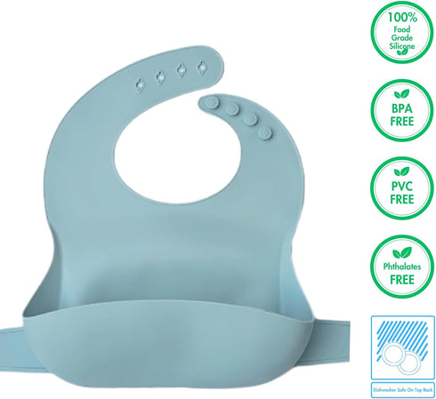 100% Food Grade Silicone Baby Bib, Durable with Adjustable Waist & Neck Straps, BPA Free, Large Pocket Food Catcher