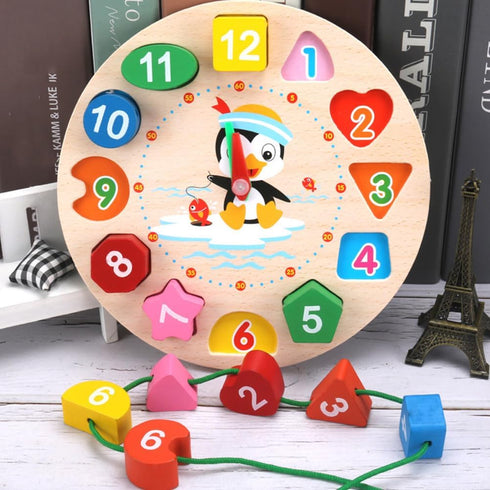 Clock Toy Wooden Teaching Clock, Penguin Pattern Educational Toys for Toddlers Teaching Time Number Puzzle Stacking.