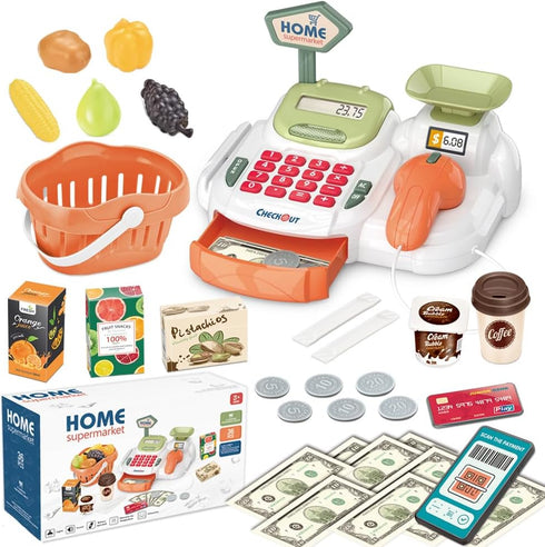 yoliyogo Pretend Play Cash Register Toy with Functional Caculator Cashier Scanner Toy Supermarket