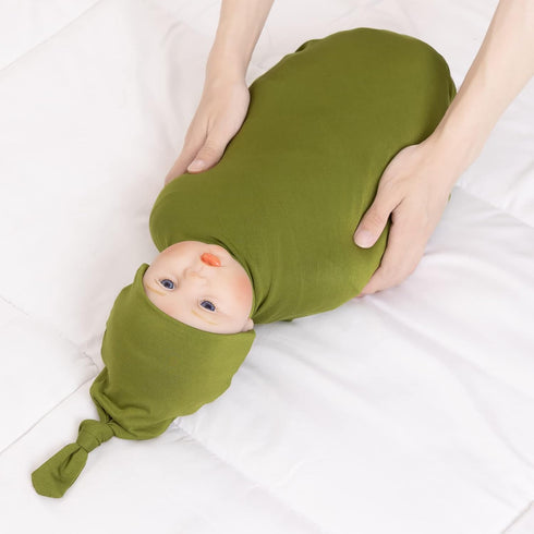 Large Jersey Knitted Swaddle Blanket for Baby, Soft Stretchy Receiving Blanket with Hat, 47 x 47 inches (Olive) BY001
