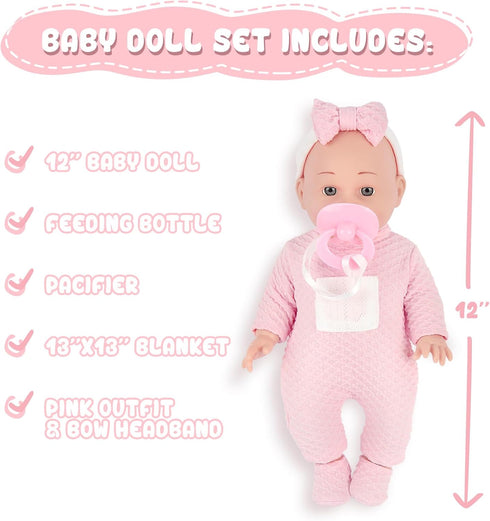 12'' Baby Doll in Gift Box, Toddler Baby Doll Set with Pacifier, Feeding Bottle, Blanket | Great Gift for 3+ Year Girls