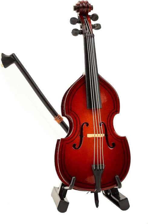 Dselvgvu (3.94"x1.51"x0.91") Wooden Miniature Double Bass with Stand, Bow and Case Mini Musical Instrument Contrabass