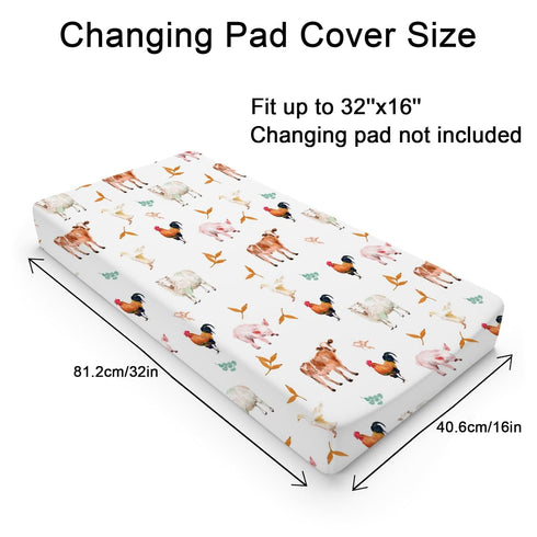 Watercolor Farm Animals Changing Pad Cover, Cow Lamb Chicken Pig Hen Duck Sunflowers Leaves for Boys Girls Diaper Change