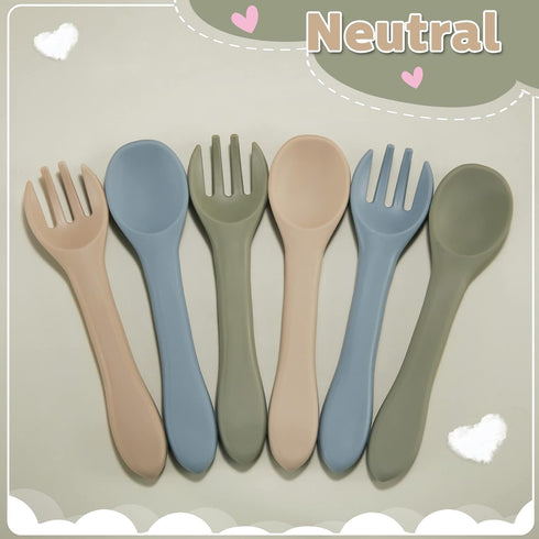 6 Pieces Silicone Baby Feeding Forks and Spoons Set, Hot Safety First Stage Self Feeding Supplies for 6 Months+