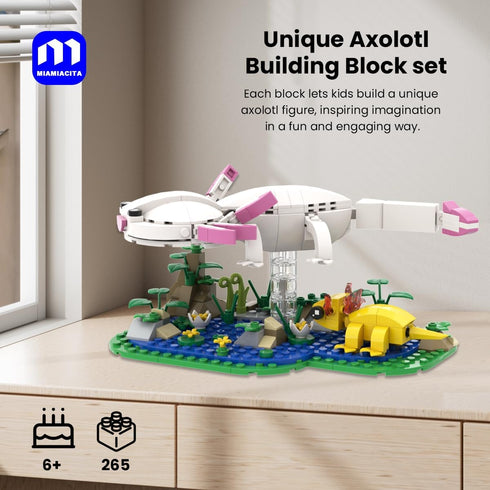 MIAMIACITA Set, 6 Axolotl Toy Building Axolotl Doll Figures with Grass and River Scenery Accessories Building Kits