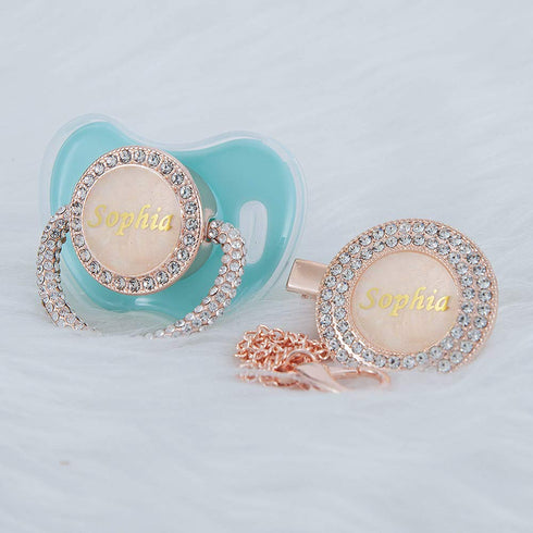 Set Personalized Name Anniversary All Bling Pacifier and Clip Rosa Gold Plated New Born Gift Photography No for Daily