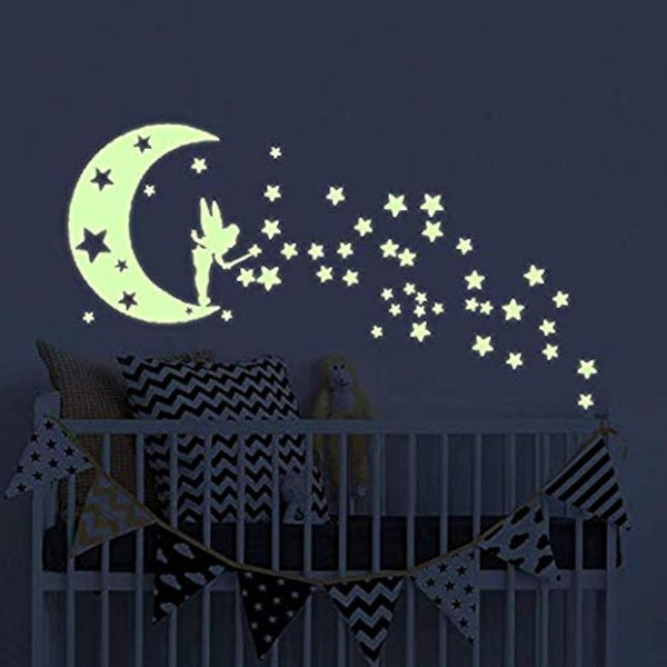 Moon Glow in Dark Wall Stickers, Benbo Fairytale Fairy and Stars Vinyl Decals for Nursery Home Decor