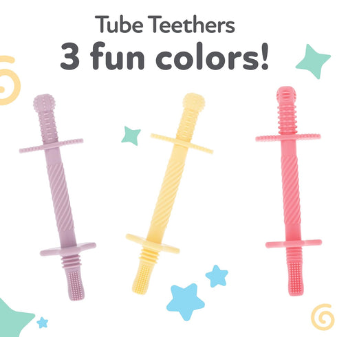 (3 Pack) 3+ Nuby Sensory Silicone Tube Teethers - Textured Infant and Baby Teether Toys - Months - Purple, Pink