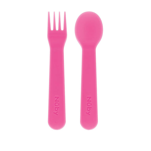 Set Nuby Toddler Utensils with Travel Case - Self-Feeding Fork & Spoon for Kids - Easy-to-Hold Training Utensils