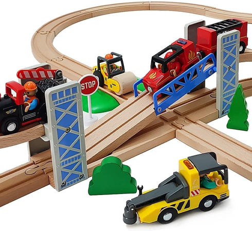 DSHMIXIA Set 3-5 Lift Bridge Wooden Crane Toy with Train Cars - Compatible with Major Wooden Rail Brands - Ages