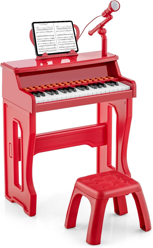 37-Key HONEY JOY Kids Piano, Red Kids Keyboard Piano w/ Music Stand & Bench, Gift for Babies w/ Microphone, Portable
