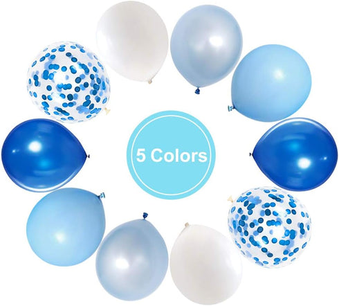 50pcs 12 inch Royal Blue Confetti Latex Balloons, Light Blue Baby Blue and White Party Balloons for Birthday Wedding
