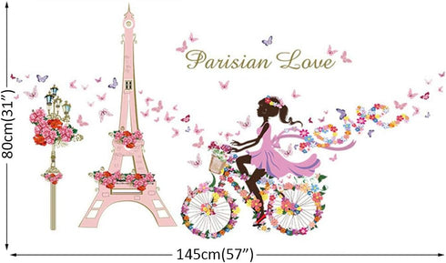 Girl Bicycle Wall Stickers, Flowers Eiffel Tower Wall Decals Mural for Kids Bedroom Living Room