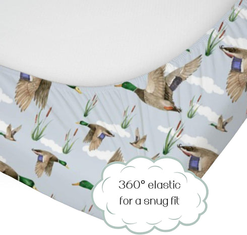52" 28" HawSkgFub Duck Hunting Mallard Hunter Fitted Standard Crib Sheet for Baby Boy, Wild Animal Bird Reeds Blue