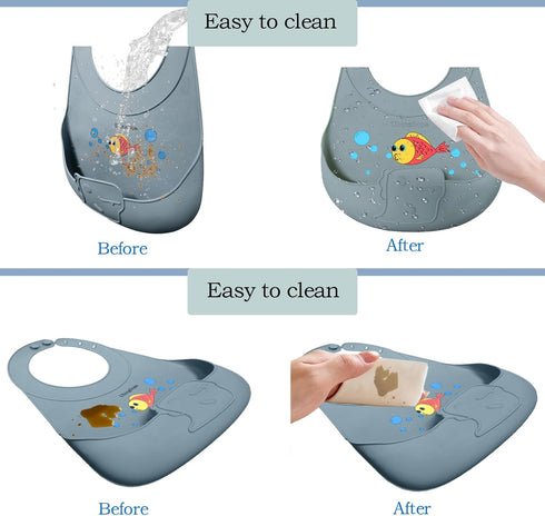 Silicone Baby Bibs Adjustable, Soft, Waterproof & Durable, with Large Food-Catching Pocket, Feeding-Friendly