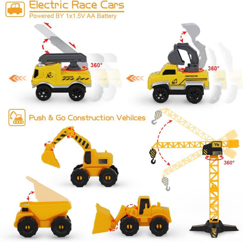 Set, 2 Construction Race Tracks Flexible Train Tracks w/ Electric Construction Race Vehicles w/Lights, STEM Engineering