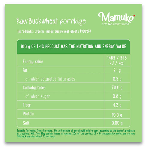 MAMUKO 4+ (200g 10 Organic Raw Buckwheat Porridge - High Fiber Porridge with No Added Sugar, Milk & Preservatives
