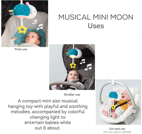 Taf Toys Musical Mini Moon, On-The-Go Pull Down Hanging Infant Toy with Music and Lights, Travel Companion for Baby