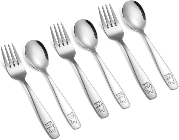 Pimoys 6 Pieces Stainless Steel Toddler Utensils Set, Kids Silverware Forks & Spoons, 3 x Child Forks, 3 x Children