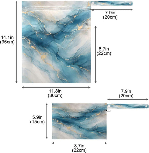 Haskirky 2 Watercolor Marble Blue Pcs Cloth Diaper Wet Dry Bags,Waterproof and Washable Bag for Travel Reusable Wet Bag