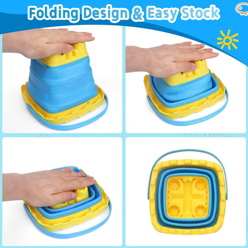 7 PCS Castle Foldable Beach Sand Buckets Toy Set with Shovels, 3L Silicone Collapsible Bucket for Kids, Camping Gear