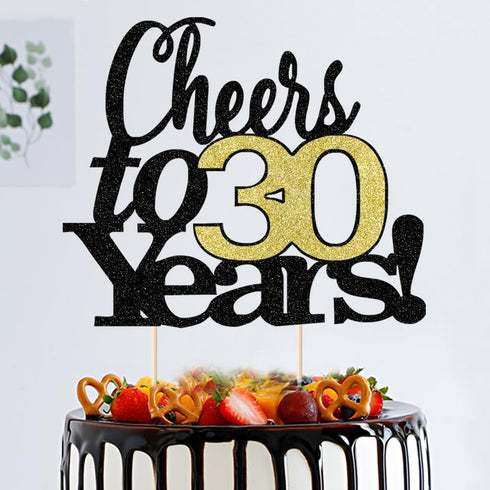 LVEUD Black Font Golden Numbers Cheers to 30 Years - Happy Birthday Cake Topper for Wedding, Anniversary, Birthday Party