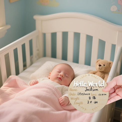 XCMVCN 5.9 Inch Baby Announcement Sign, Round Wooden Hello World Newborn Signs, Birth Announcement Sign: Equipped