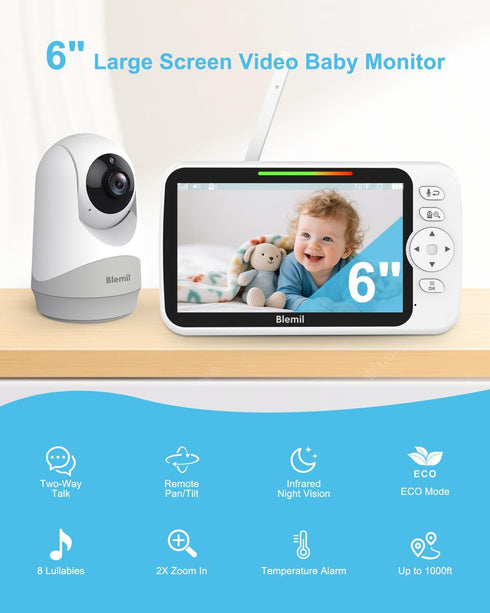 Blemil 6" 35-Hrs 2-Way 1000ft Upgrade Video Baby Monitor with Camera and Audio Large Screen, Battery, No WiFi Baby