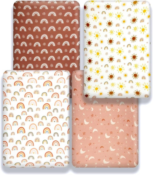 Jola's House 4 Pack Crib Sheets Boho Nursery Sheets Sunshine and Rainbow Desdign Neutral Unisex Fitted Baby Standard