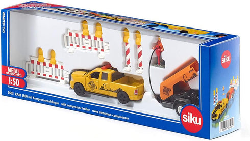 Siku 3505, 1500 1:50, RAM Pick-Up with Compressor Trailer, Metal/Plastic, Yellow/Orange, Incl. barriers and Toy Figure