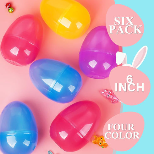 PNIOTAIN 6 Pack 6 Inch Large Plastic Easter Eggs Fillable - Jumbo Easter Eggs for Kids Empty Eggs for Easter Egg Hunt