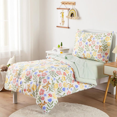 Set 4 Set Wake In Cloud - Floral Toddler Bedding for Girls, Cute Colorful Botanical Flowers with Deers, Pieces Soft