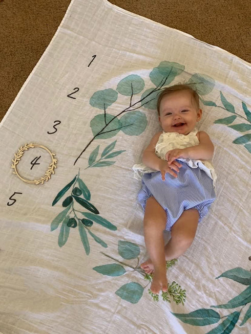 Organic Baby Monthly Milestone Blanket Newborn Boy Girl Unisex Gender Neutral| Green Leaf Wreath Eucalyptus Baby