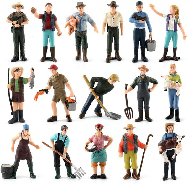 FOWIUNYE 16Pcs Little Farmer People Figures, Plastic Farm Keeper Figurines Realistic Hand Painted