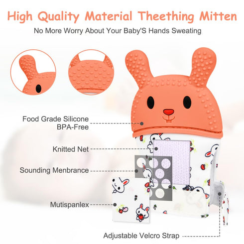 HOTUT 2Pack 0-6 6-12 Silicone Teething Mitt, Rabbit Baby Teething Toy for Months, Food Grade Silicone Infant Teething