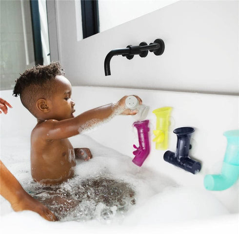 Boon Pipes Toddler Bath Toys - Multicolored Building Toys with Suction Cups, 5 Count for Kids Ages 12 Months and Up