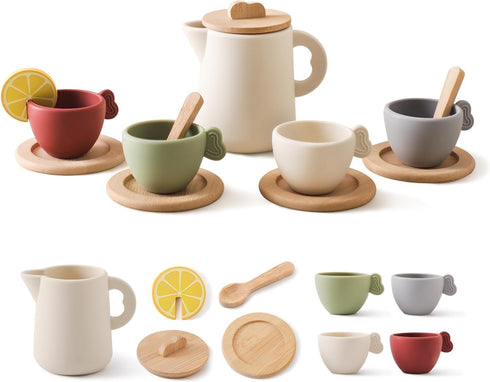 Enchanting Wooden Tea Party Set - Silicone Teapot, Cups & Carrying Scoop