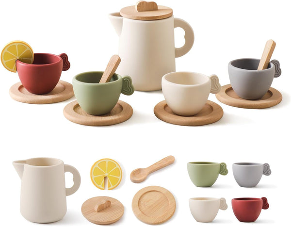Enchanting Wooden Tea Party Set - Silicone Teapot, Cups & Carrying Scoop