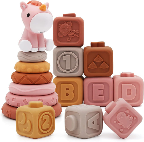 Nueplay 13 Pcs Building Circle & Blocks, Stacking Baby Toys with Horse Figure, Teething Gifts for 6-18 Months