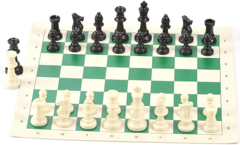 Plastic Chess Set with Green Roll-Up Vinyl Chess Board - Foldable Game with Extra Queen