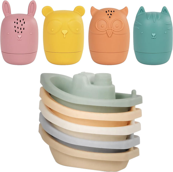 Oukitoymer Baby Bath Toys Stackable Boats with Soft Silicone Squirt Water Animal Toys,