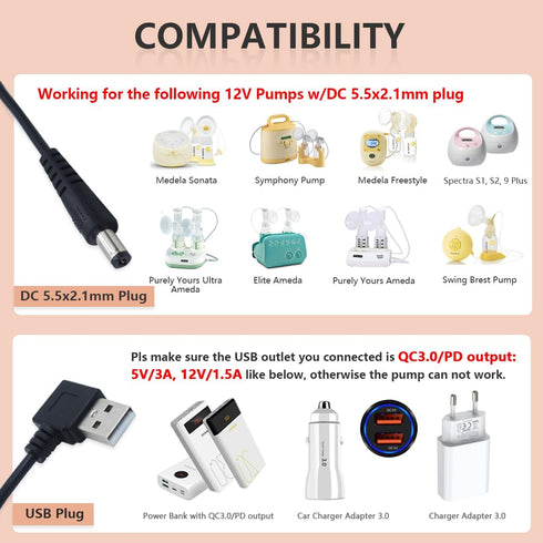 12 Volt USB Car Adapter for Medela Sonata, Ameda Purely Yours, Spectra S1 S2 Breast Pump, Easy to Carry for Travel