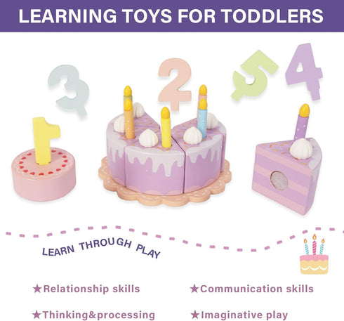 Wooden Birthday Fake Cake with Candles and Numbers - Pretend Play Food for Toddlers 1-3, Tea Party Learning Kitchen