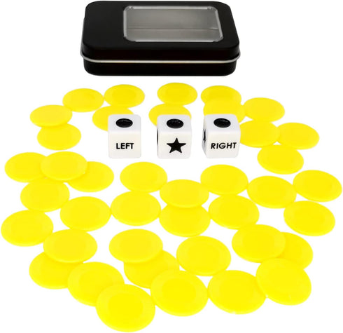 Left Right Center Dice Game Prime Set with 3 Dice + 40 Chips (Yellow).