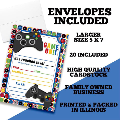 Game On! Video Gamer Birthday Party Fill In Invitations, 20 Fill In Cards with Envelopes by AmandaCreation