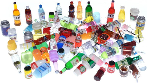 Miniature Food Drink Bottles Pretend Play Kitchen Game Party Toys (10 Bottles + 10 Random Foods)