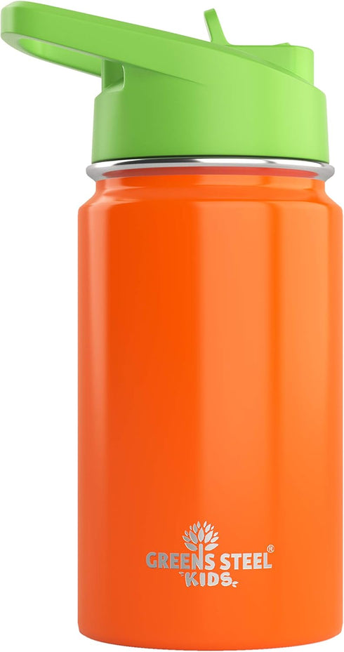 Kids Water Bottle - 12oz Orange | Leak Proof with Straw & Handle | Insulated, Double Wall Stainless Steel Flask