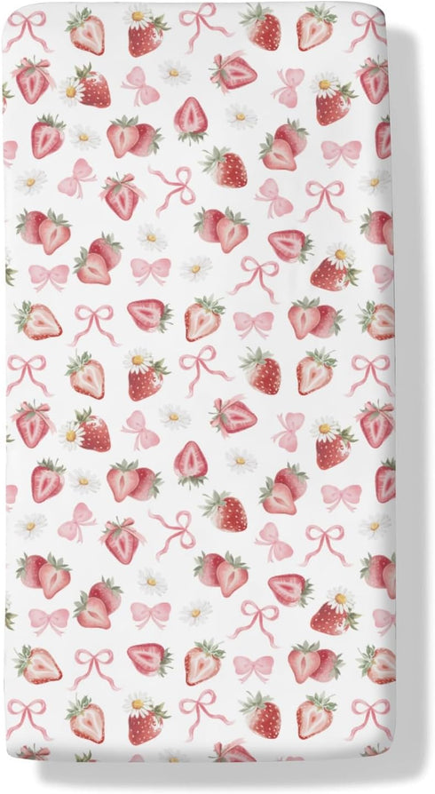 Cstdyfrv Strawberry Pink Bows Floral Baby Crib Sheets Sweet Watercolor Strawberry Daisy Flowers